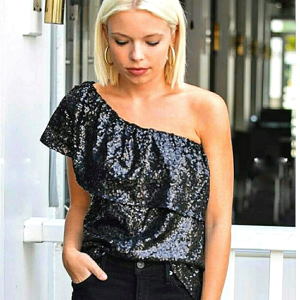 BB Dakota Sequined Shimmer Y2k VibesOne Shoulder Statement Top